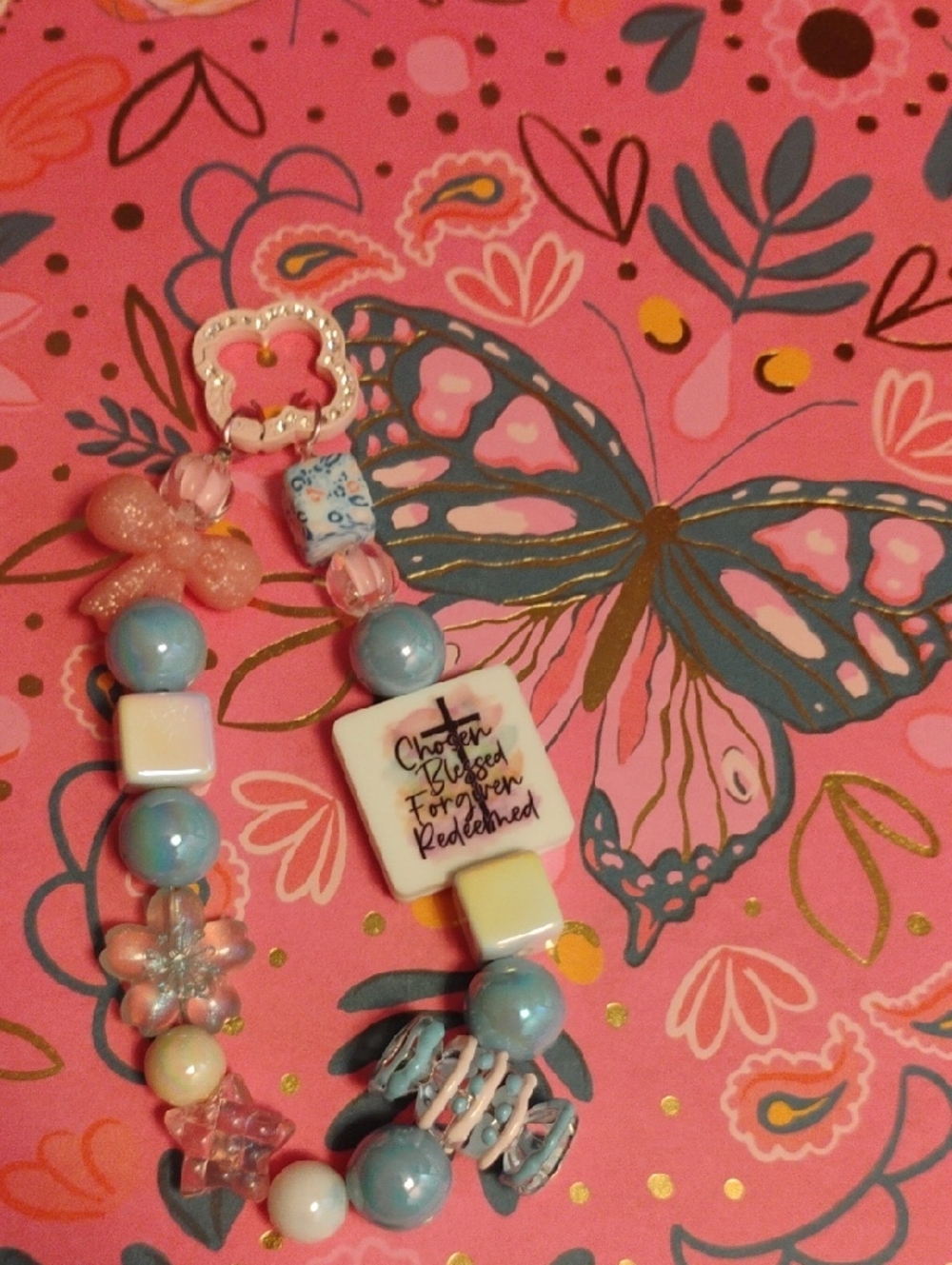 Pink Blue Beaded Phone Charm  with Inspirational Tile